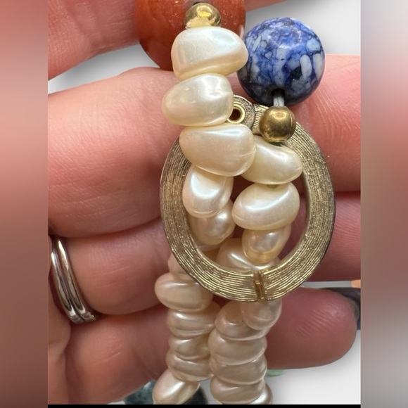 Vintage Double Strand Pearl & Gemstone Beaded Necklace Jade Jasper Amazonite etc - Picture 11 of 12